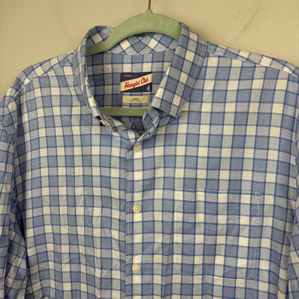 Johnnie-O Shirt Mens Large Blue Check‎ Hangin' Out Button Down Cotton Casual